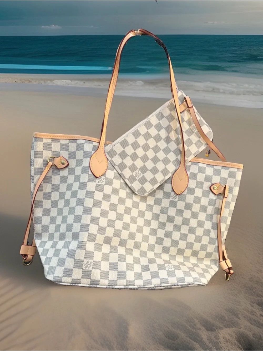 Checkerboard White and Light Gray Tote with Natural Trim